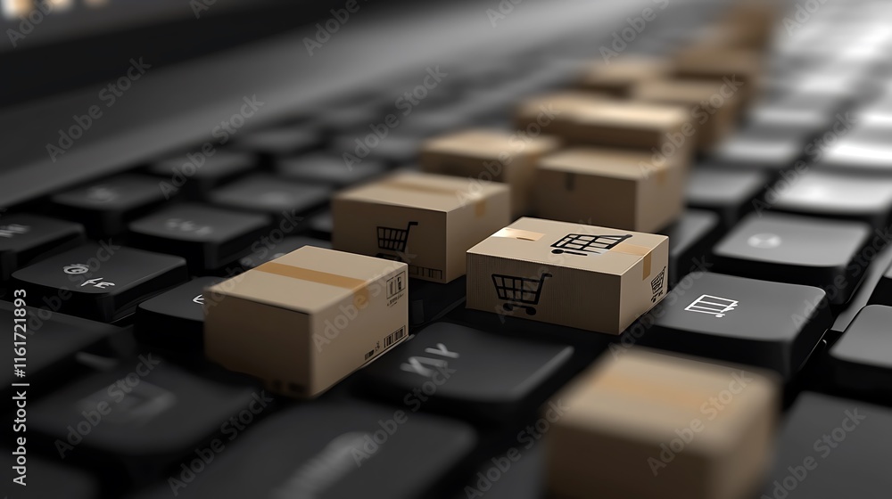 Poster a keyboard with miniature boxes representing online shopping and e-commerce.