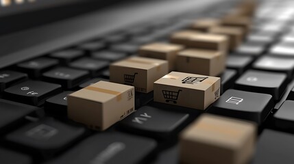 A keyboard with miniature boxes representing online shopping and e-commerce.
