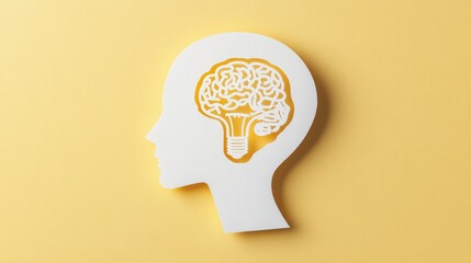 Paper cutout of a head silhouette with a brain and a yellow light bulb on a yellow background