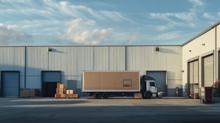 Delivery Truck Parked Outside Warehouse During Golden Hour
