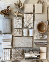 Neutral tones color palette mood board featuring linen, textures, art, and ceramic dish elements