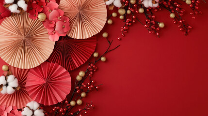 Festive Red And Peach Paper Fans With Berries And Cotton