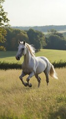 Obraz premium Dapple Grey Horse Galloping Across a Field