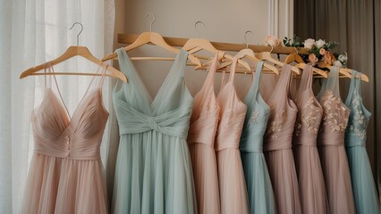 A selection of pastel-colored bridesmaid dresses in a boutique environment, adorned with tasteful floral arrangements