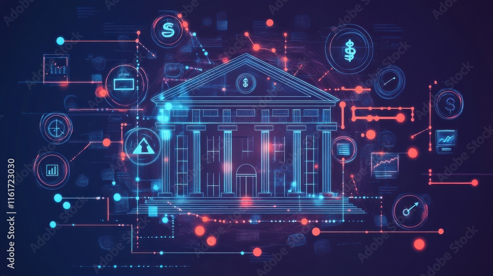 Poster digital banking concept with financial symbols and data visualization