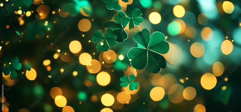 Poster a vibrant display of clovers with bokeh lights, symbolizing luck.