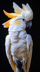 A close-up of a white cockatoo with a vibrant yellow crest against a dark background.