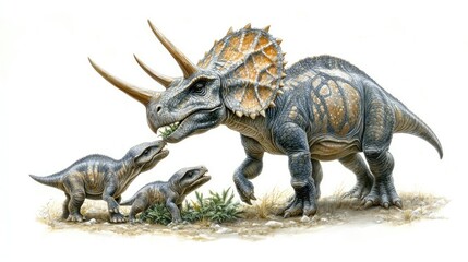 Illustration of a Triceratops with two young, showcasing prehistoric life.