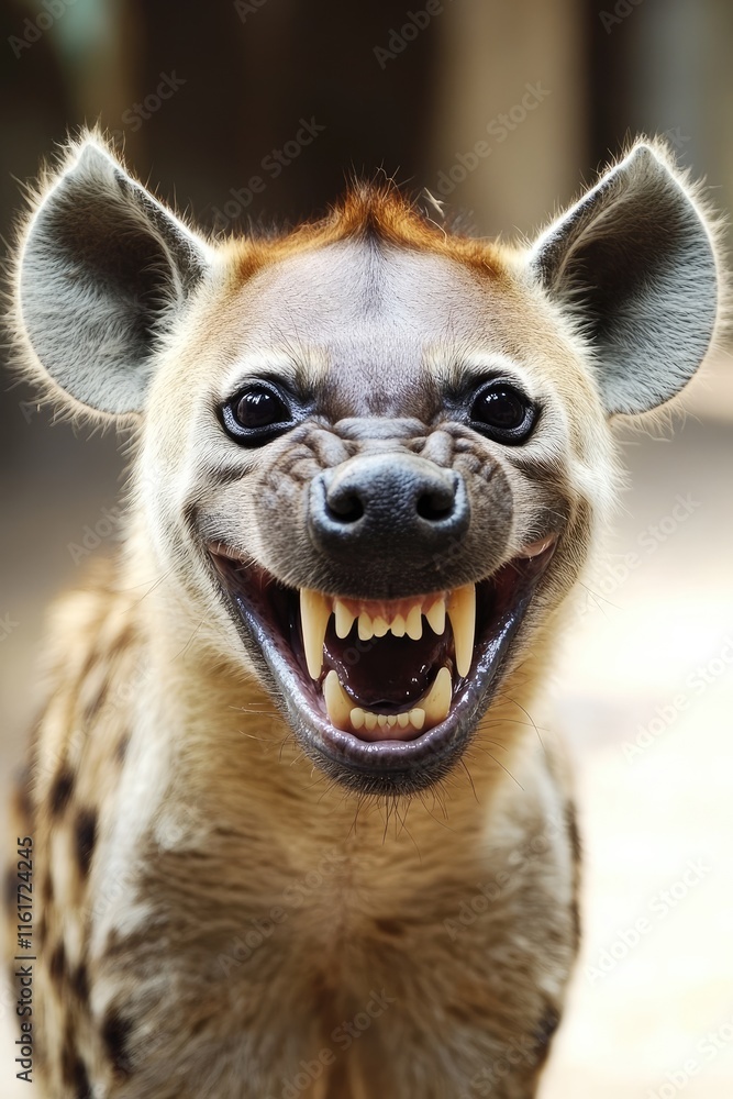 Poster a close-up of a smiling hyena showcasing its sharp teeth and distinctive features.