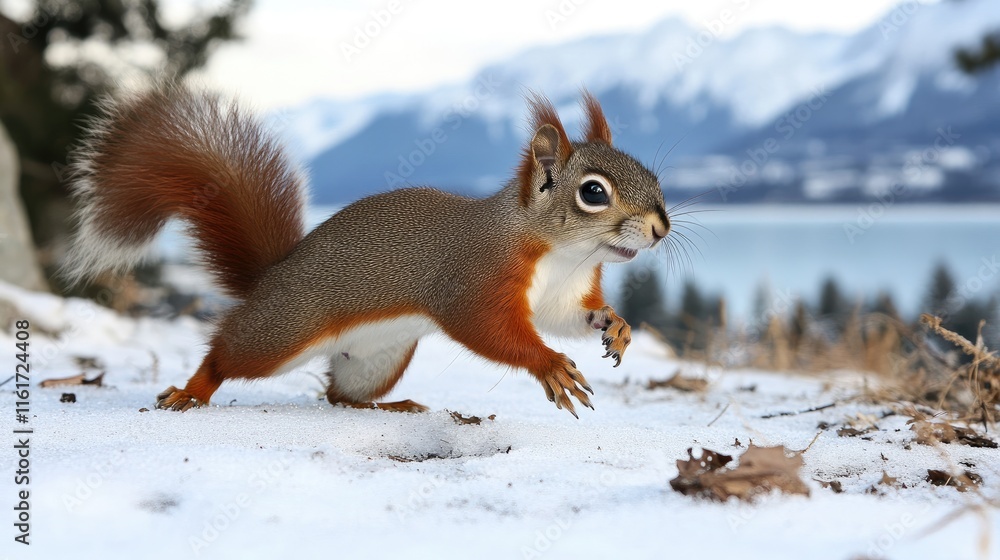 Poster A squirrel running across snow with mountains in the background.