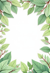 Fototapeta premium Lush green leaves frame border on white background, natural botanical design element