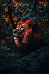 Naklejka premium A majestic lion in a lush, shadowy forest, highlighting its regal presence.