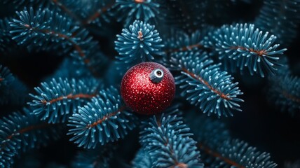 Obraz premium Red Ornament nestled among Blue Spruce Branches