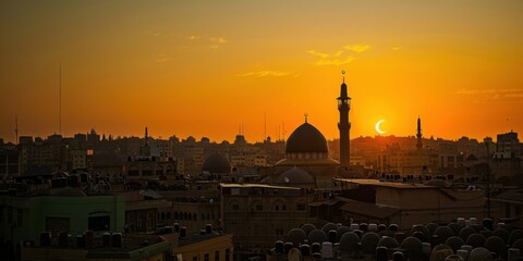 Fototapeta premium Amman Jordan Skyline Sunset Silhouette Mosque Minaret Golden Hour Cityscape