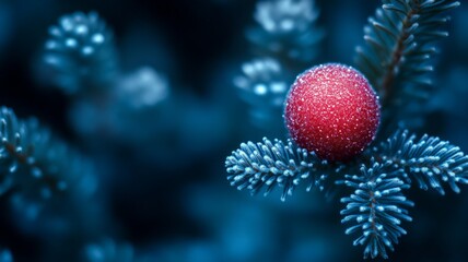 Obraz premium Frosty Red Ornament On A Blue Spruce Branch