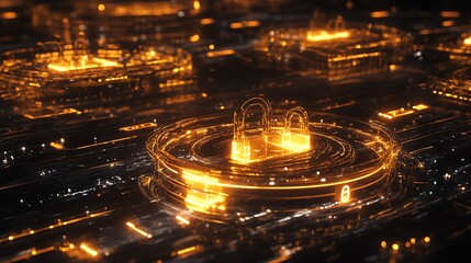 A conceptual abstract of cybersecurity with glowing padlocks, encrypted connections, flowing data lines, and a futuristic technology background