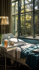 Healing Environment: Hospital Bed, IV Drip, and Sunlit Window Create a Peaceful Atmosphere.
