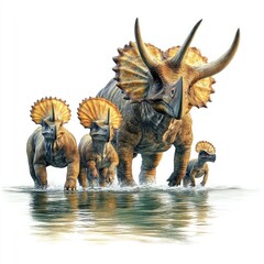 Fototapeta premium A family of Triceratops wading through water, showcasing their distinct frills and horns.