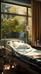 Healing Environment: Hospital Bed, IV Drip, and Sunlit Window Create a Peaceful Atmosphere.
