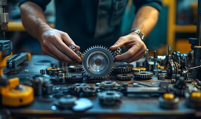 A mechanic assembling gears on a workbench filled with tools and machinery parts.