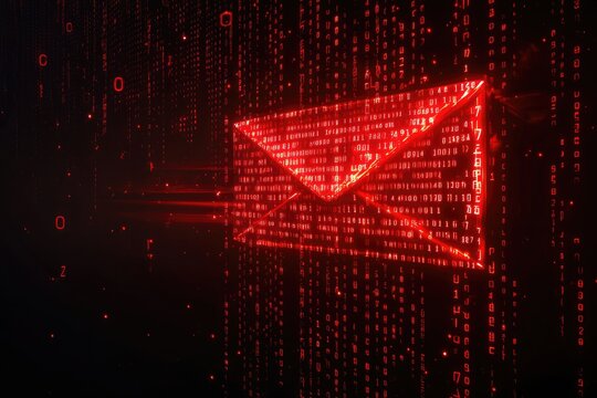 Glowing Red Envelope Made of Binary Code on Black Background. Digital Vector Illustration with Tech Theme and Binary Code Rain Effect