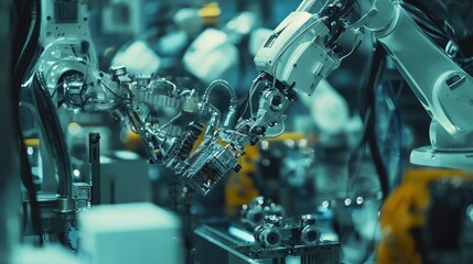A robotic arm engages in precise assembly within a high-tech manufacturing environment, showcasing advanced automation and technology.