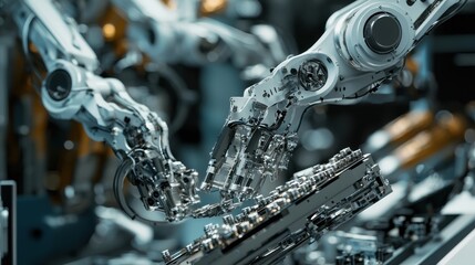 A close-up of robotic arms working together to assemble intricate machinery in a high-tech environment, showcasing advanced automation and precision.