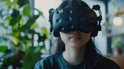A person wearing a virtual reality headset, engaged in an immersive experience, surrounded by greenery in a modern indoor space.