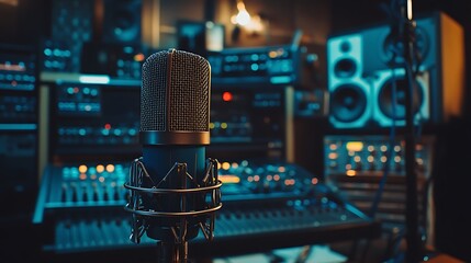 A microphone in a recording studio surrounded by audio equipment.