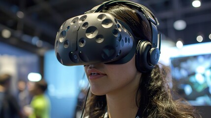 A woman wearing a VR headset engages with virtual reality technology at an event, showcasing the immersive experience of modern gaming and simulations.