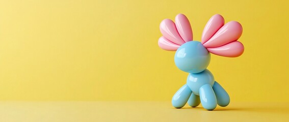 Cute pastel blue balloon animal with pink antlers on yellow background.