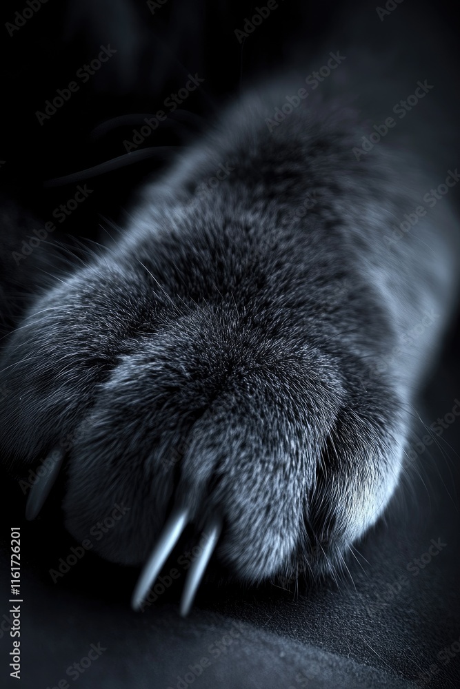 Poster a close-up of a cat's paw with sharp claws, highlighting its texture and color.