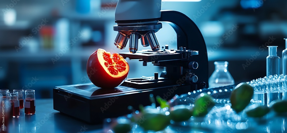 Poster a microscope examines a sliced fruit in a laboratory setting.