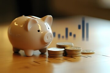 A piggy bank alongside a stack of coins