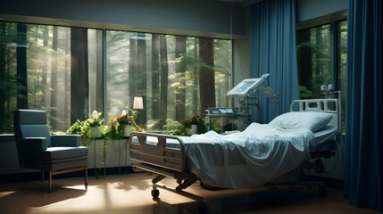 Calm Hospital Room: Bed with IV Drip, Patient Charts, and Natural Light Through the Window.

