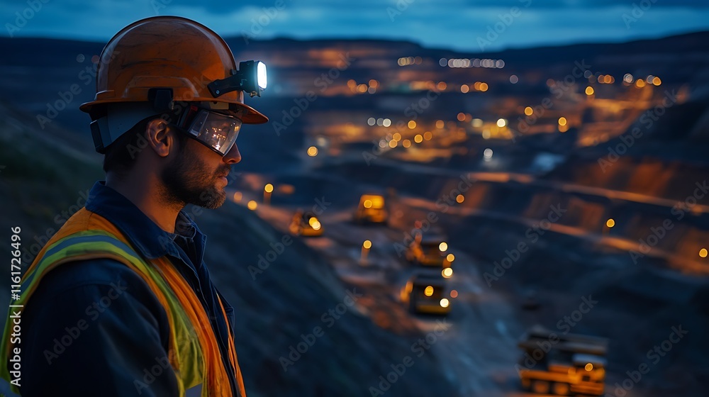 Poster a miner observes the operations in a dimly lit open-pit mine at dusk.