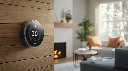 A modern thermostat is mounted on a wooden wall, showcasing a cozy living room with stylish decor and natural light.