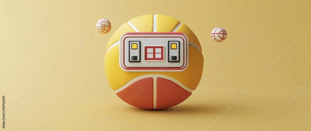 Poster 3D render of a basketball with a scoreboard. Two smaller basketballs float nearby on a yellow background.