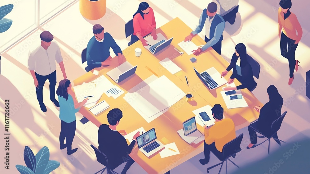 Poster diverse team collaborates around a large table, using laptops and documents during a productive meet