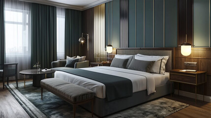 Interior of the modern luxury bedroom with morning light. Generative AI.