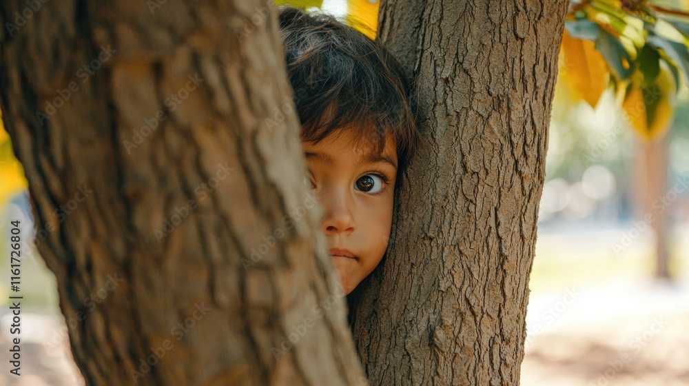 Poster a child peeking out from behind a tree while playing hide and seek in the park.