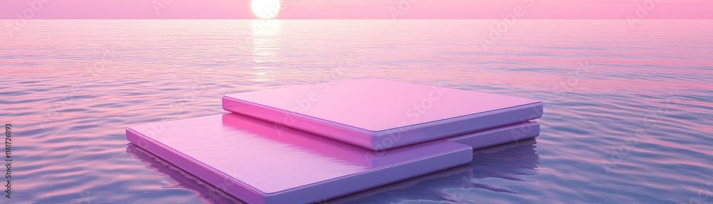 Poster serene floating platforms at sunset over calm waters, creating a tranquil atmosphere.