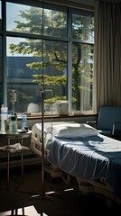Calm Hospital Room: Bed with IV Drip, Patient Charts, and Natural Light Through the Window.
