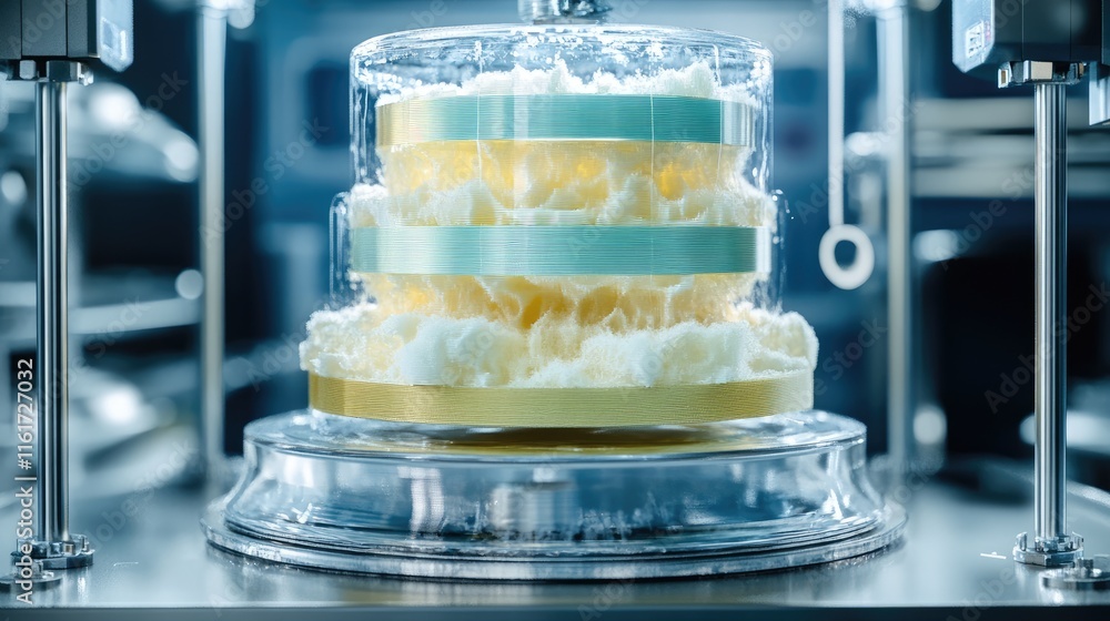 Poster a three-tiered cake with colorful layers inside a clear display case in a modern setting.