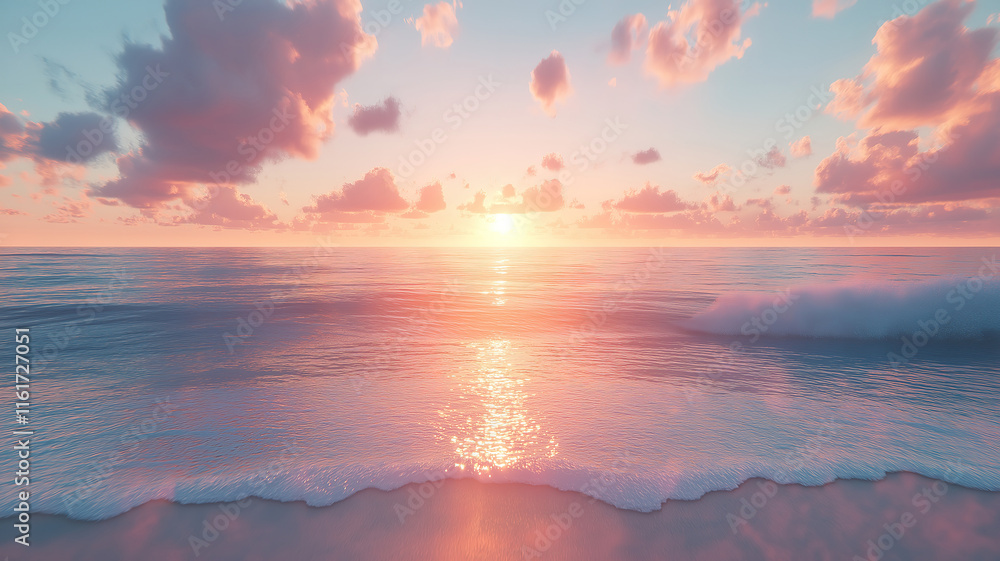 Poster tropical sand beach at sunset with a serene ocean and sky loop background