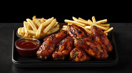 A plate of crispy chicken wings with fries and dipping sauce, perfect for a casual meal.