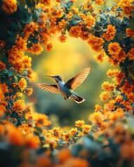 Fototapeta premium A vibrant hummingbird flits among bright orange flowers, creating a lively natural scene.