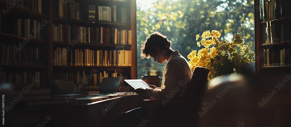 Poster person reading a book in a library near a window.