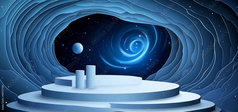 Poster abstract 3d render of a stage in a cave with a cosmic background.