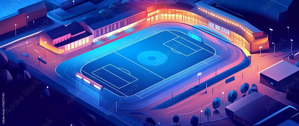 Aufkleber Night view of illuminated stadium with running track and soccer field.